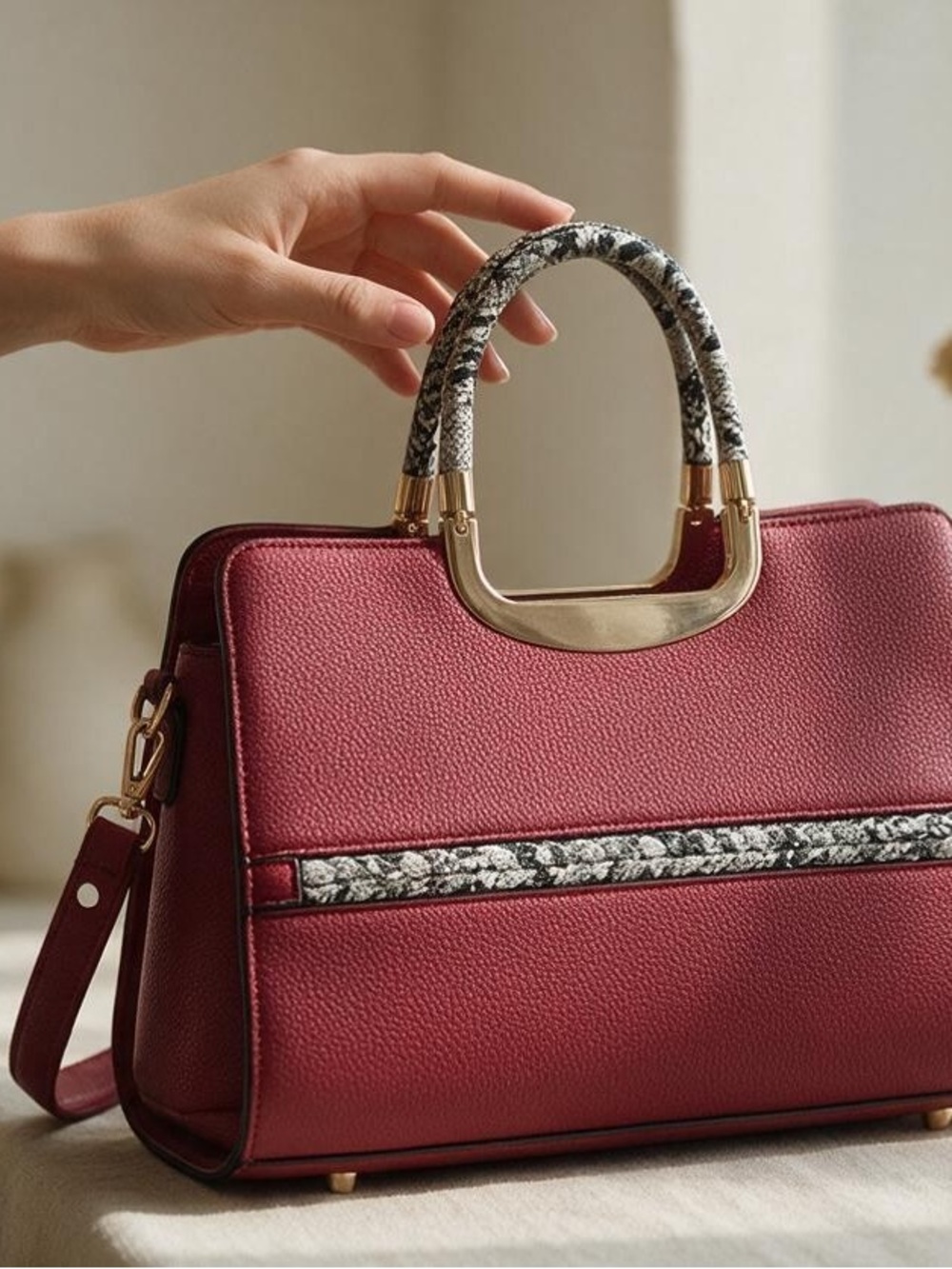 Burgundy Satchel with Gold and Black-White Snakeskin Accents detachable strap